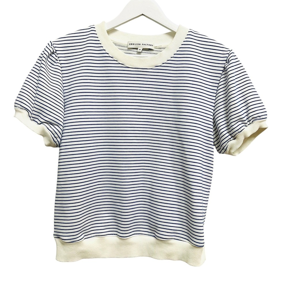 English Factory Striped Puff Sleeve Sweatshirt Womens XS White Navy Nautical Top
